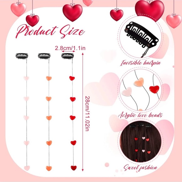 Hearts Hair Extensions ClipIns Red Pink Peach Valentines Y2K Festival Coquette - Picture 3 of 3